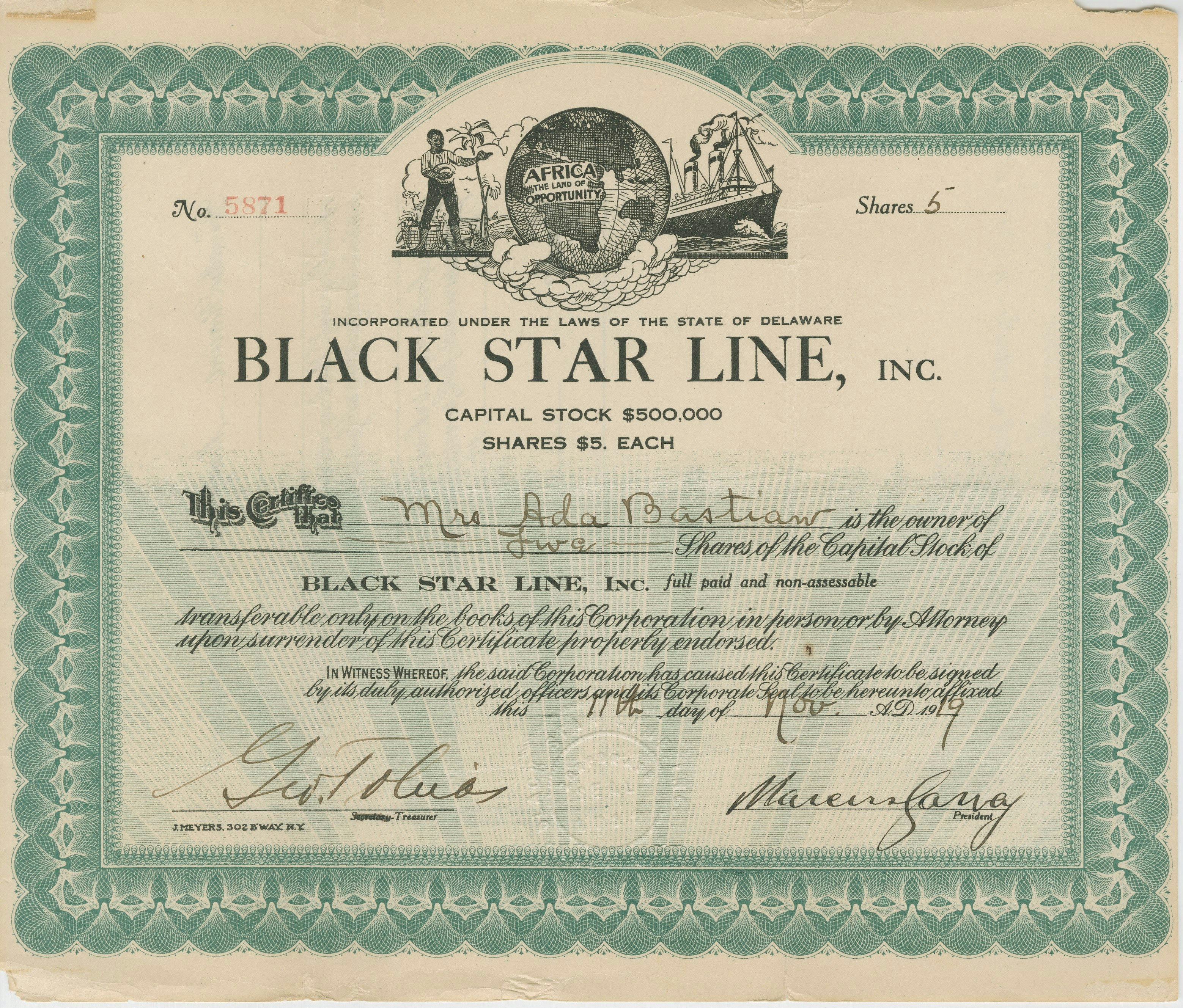 A stock certificate for five shares in Black Star Line, Incorporated, signed by Marcus Garvey, 1919.